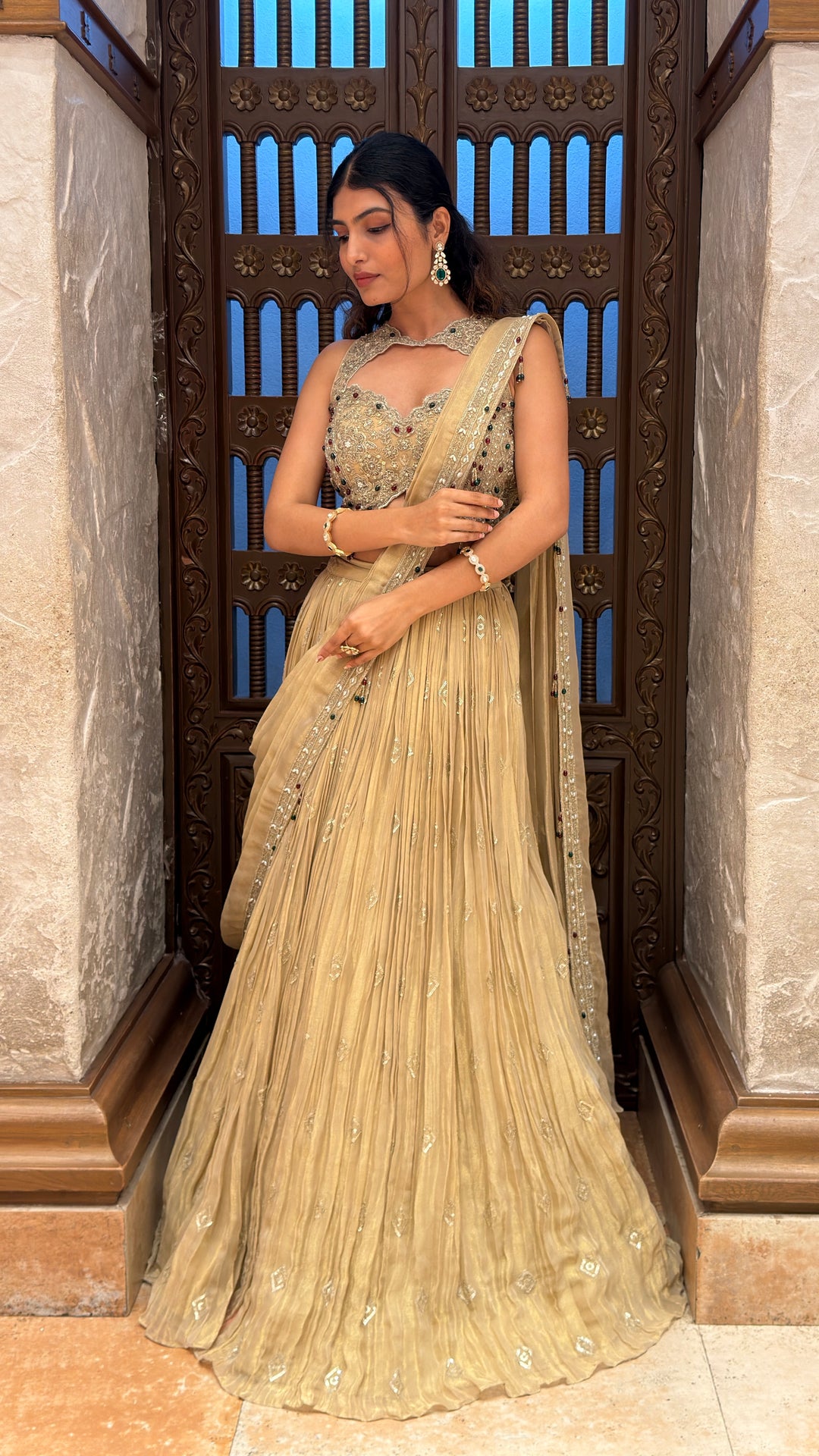 Champagne Gold Designer Lehenga Set with Embellished Blouse & Pleated Skirt