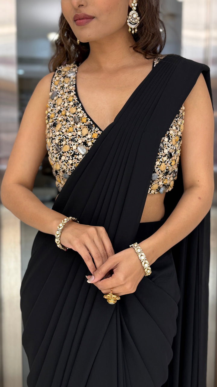 Classic Black Pre-Draped Saree with Gold Sequin Embellished Blouse