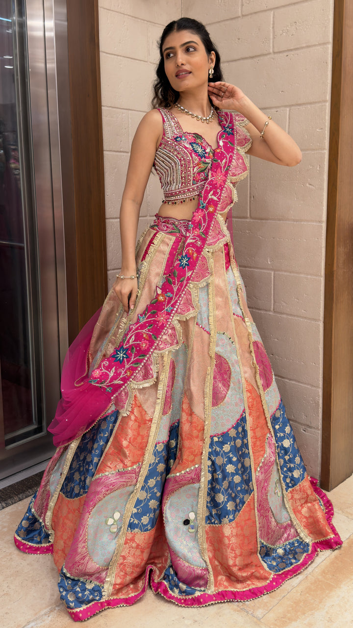 Multicolor Patchwork Designer Lehenga Choli with Pink Embroidered Dupatta
