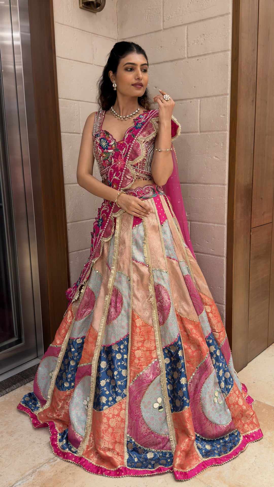 Multicolor Patchwork Designer Lehenga Choli with Pink Embroidered Dupatta