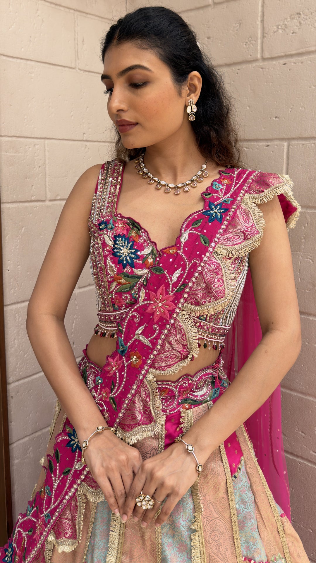 Multicolor Patchwork Designer Lehenga Choli with Pink Embroidered Dupatta