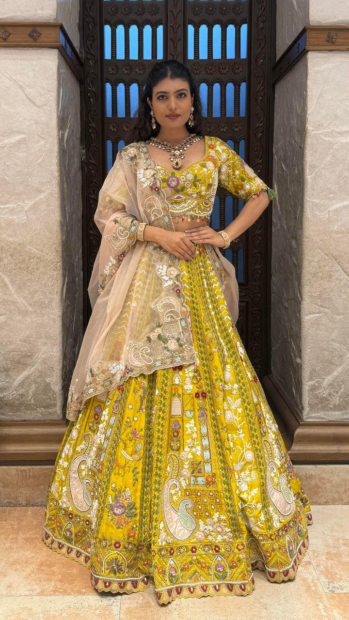 Royal Mustard Yellow Hand-Embroidered Bridal Lehenga Set with Net Dupatta