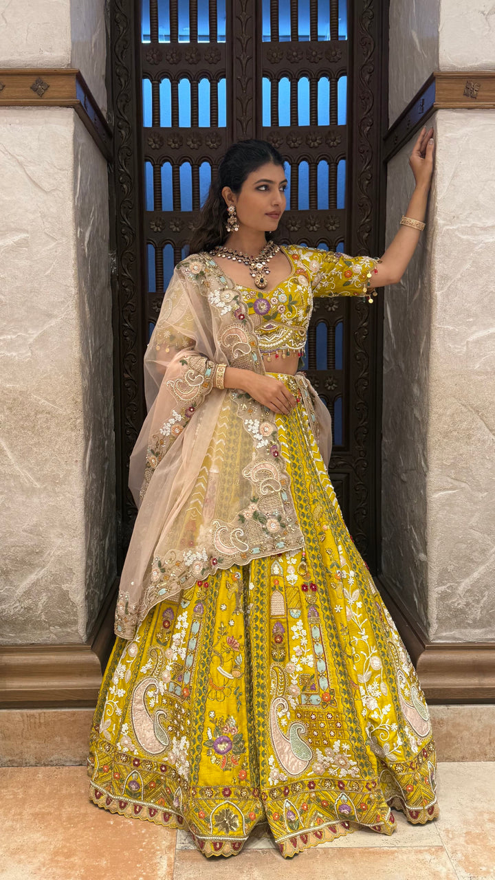 Royal Mustard Yellow Hand-Embroidered Bridal Lehenga Set with Net Dupatta