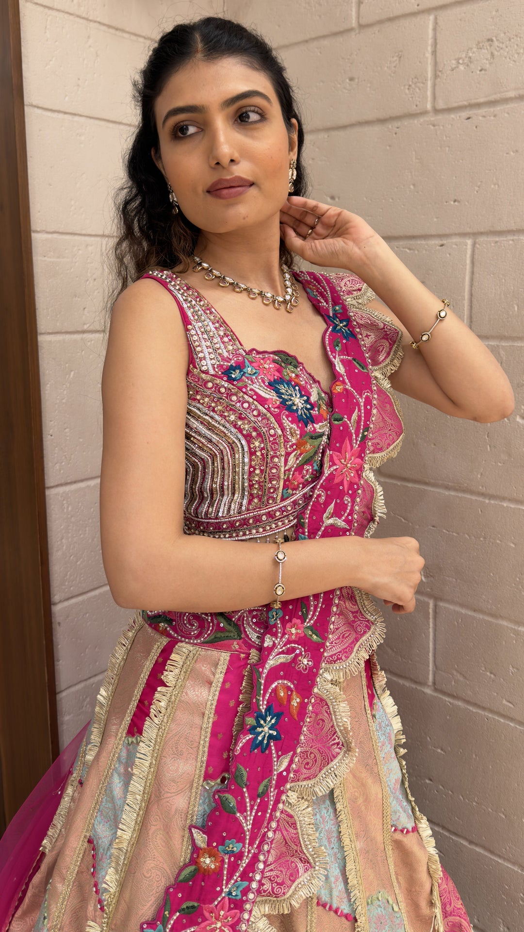 Multicolor Patchwork Designer Lehenga Choli with Pink Embroidered Dupatta