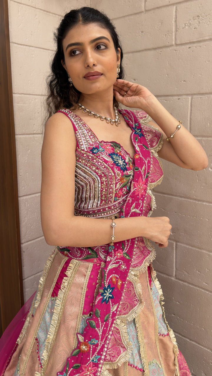 Multicolor Patchwork Designer Lehenga Choli with Pink Embroidered Dupatta