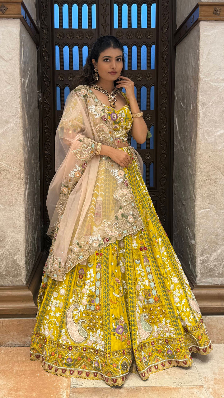 Royal Mustard Yellow Hand-Embroidered Bridal Lehenga Set with Net Dupatta