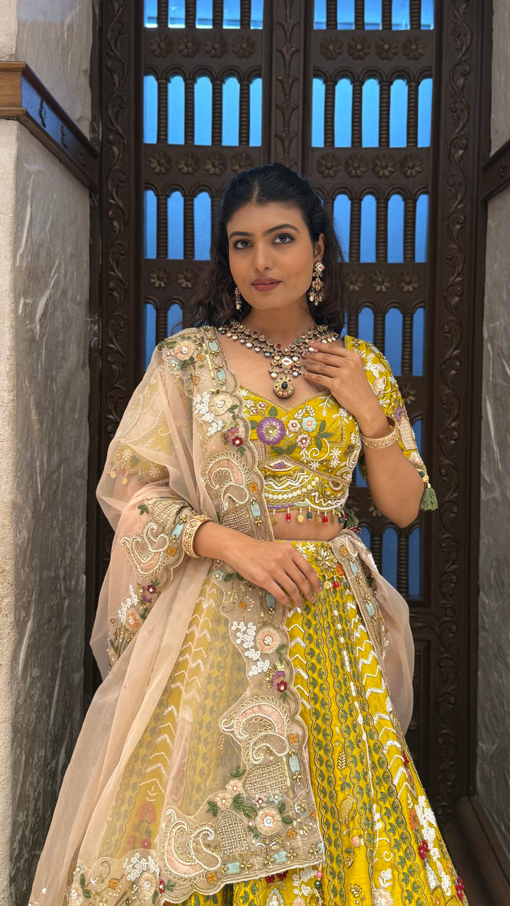 Royal Mustard Yellow Hand-Embroidered Bridal Lehenga Set with Net Dupatta