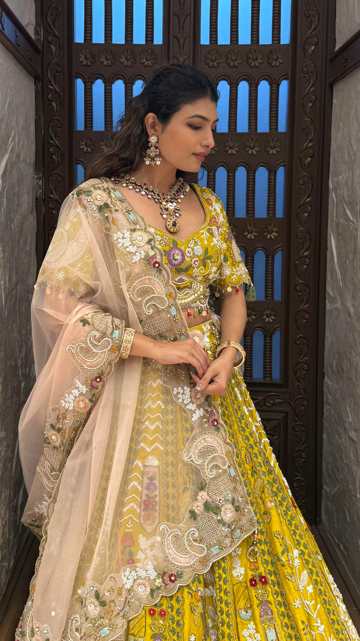 Royal Mustard Yellow Hand-Embroidered Bridal Lehenga Set with Net Dupatta
