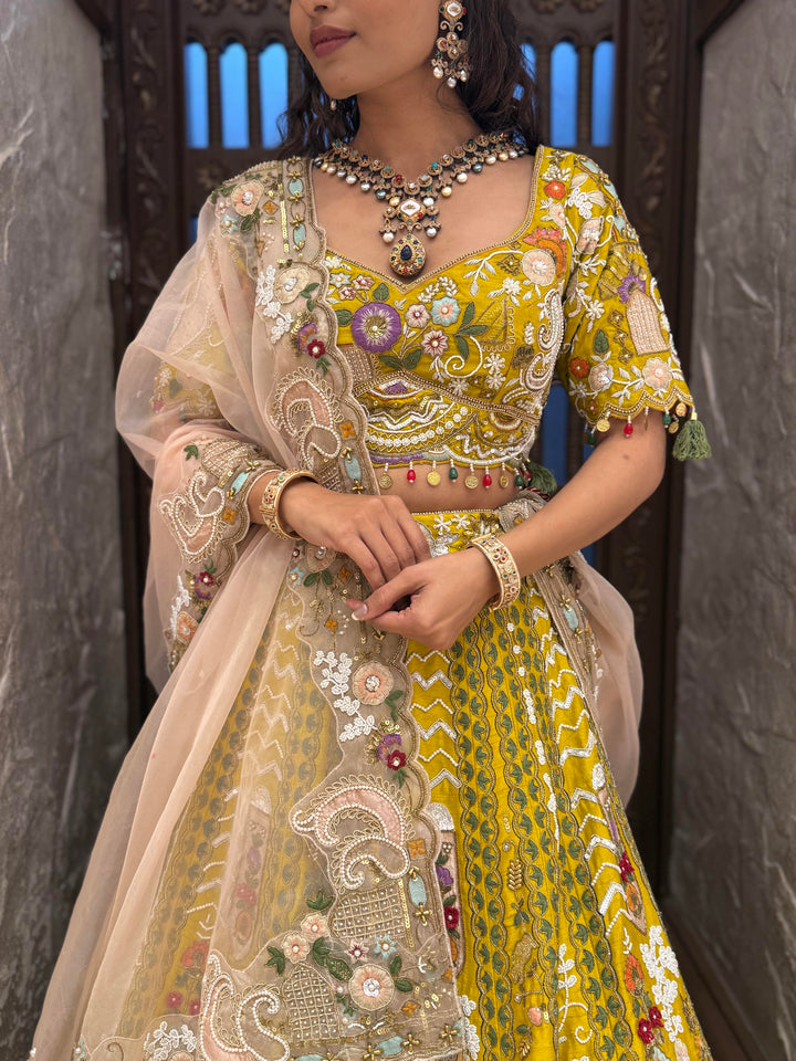 Royal Mustard Yellow Hand-Embroidered Bridal Lehenga Set with Net Dupatta
