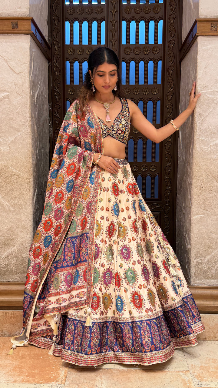 Ivory Multicolor Printed Lehenga Set with Embroidered Blouse & Traditional Dupatta