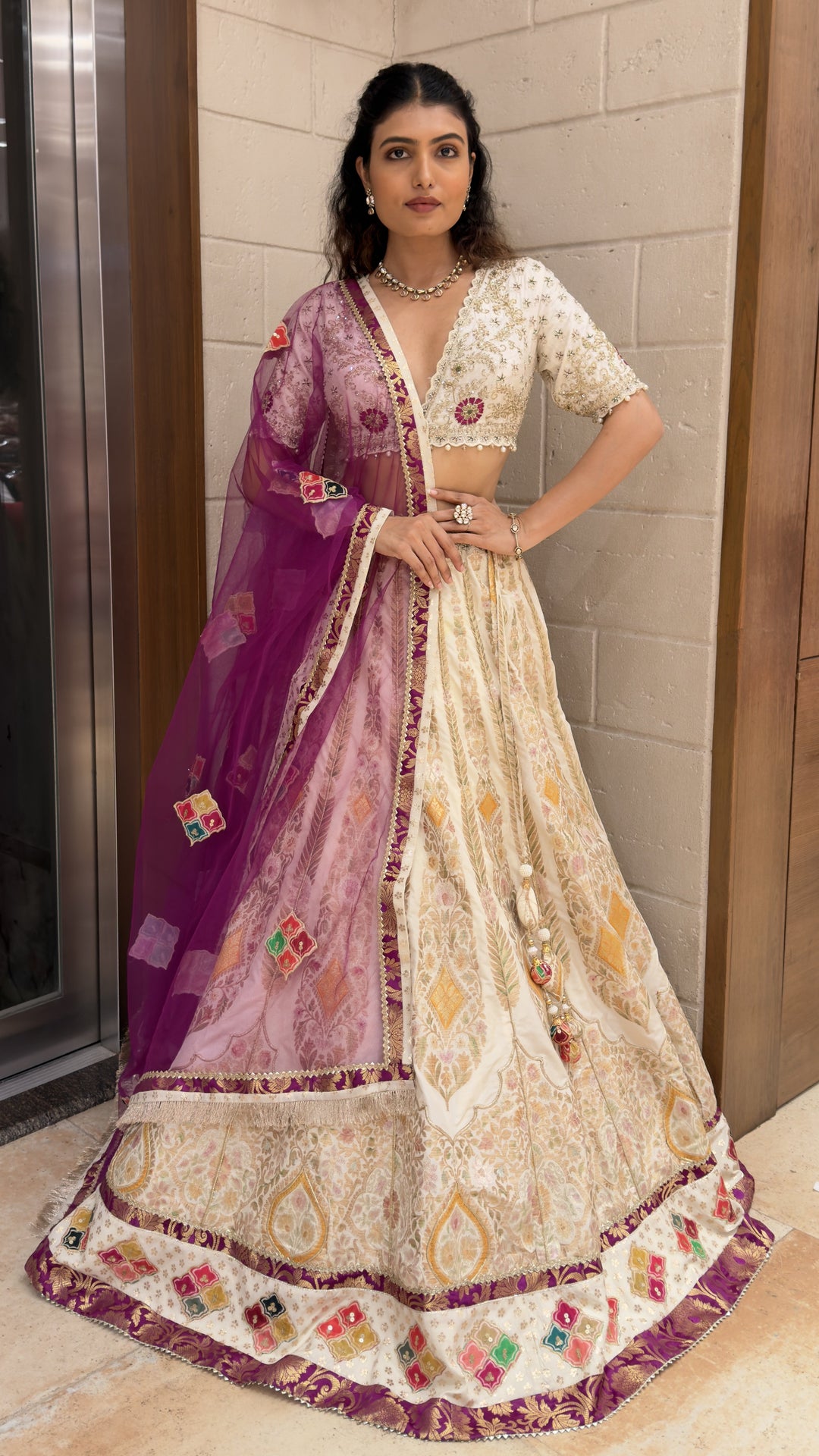 Ivory Banarasi Designer Lehenga Choli with Purple Organza Dupatta