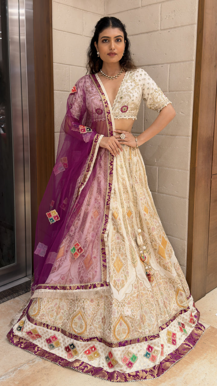 Ivory Banarasi Designer Lehenga Choli with Purple Organza Dupatta