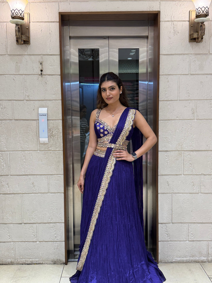 Royal Blue Designer Lehenga with Embellished Blouse & Draped Dupatta