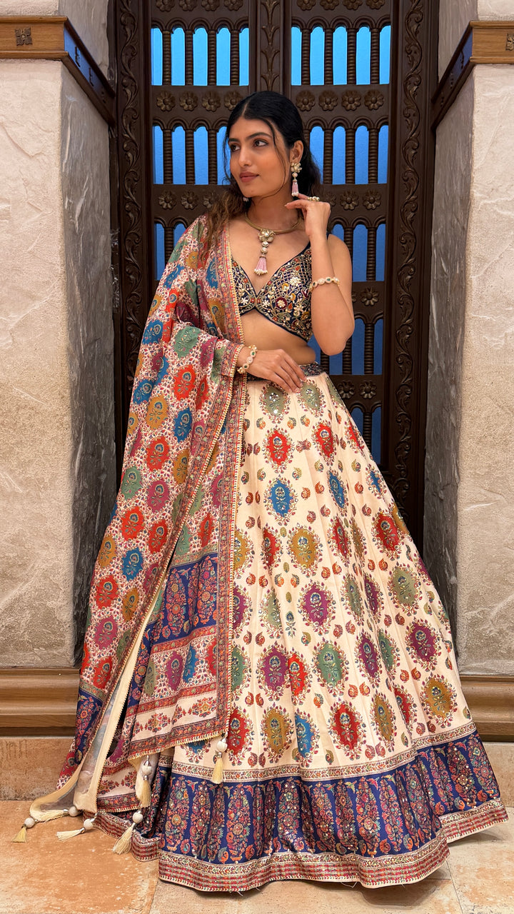 Ivory Multicolor Printed Lehenga Set with Embroidered Blouse & Traditional Dupatta