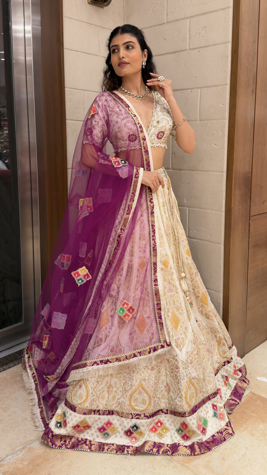 Ivory Banarasi Designer Lehenga Choli with Purple Organza Dupatta