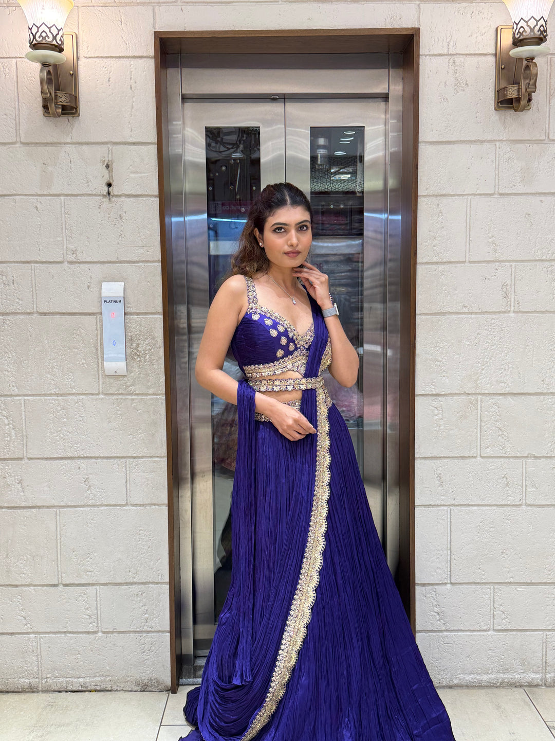 Royal Blue Designer Lehenga with Embellished Blouse & Draped Dupatta