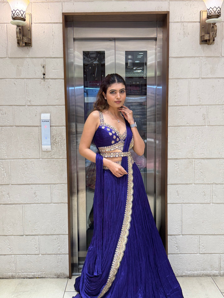 Royal Blue Designer Lehenga with Embellished Blouse & Draped Dupatta