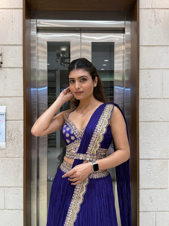 Royal Blue Designer Lehenga with Embellished Blouse & Draped Dupatta