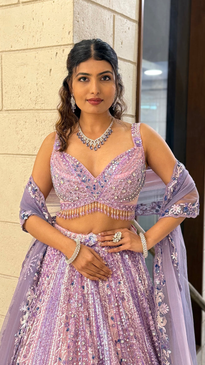 Lavender Lilac Pearl-Embellished Designer Lehenga Set with Net Dupatta