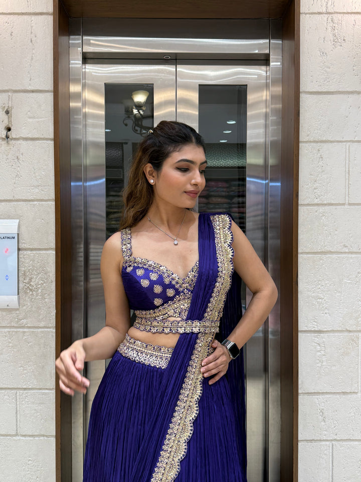 Royal Blue Designer Lehenga with Embellished Blouse & Draped Dupatta