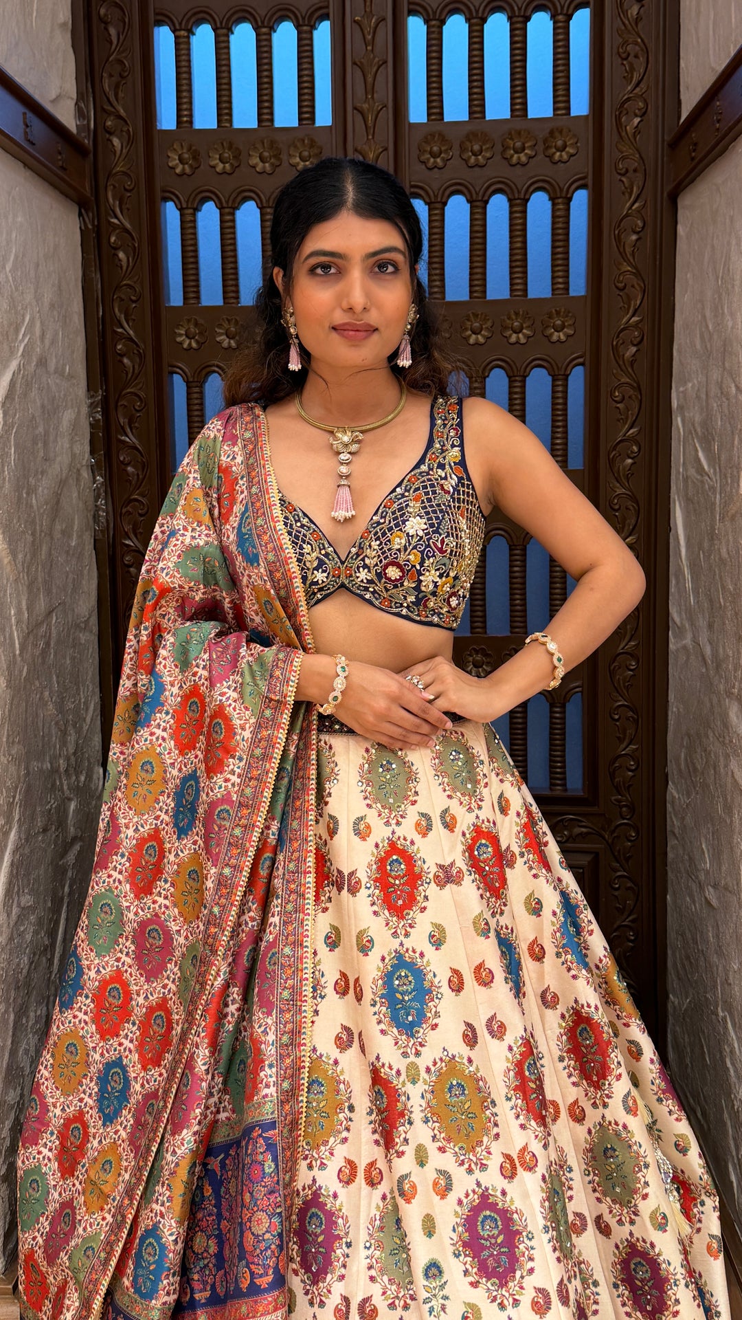Ivory Multicolor Printed Lehenga Set with Embroidered Blouse & Traditional Dupatta