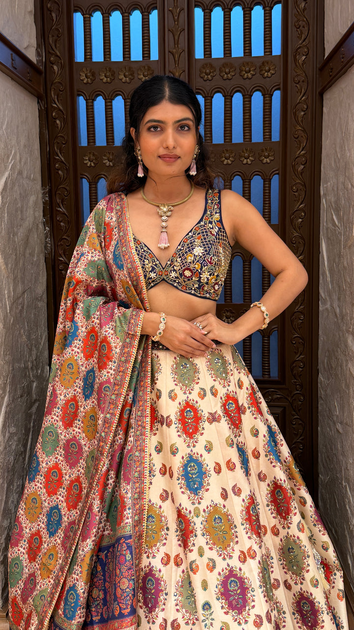 Ivory Multicolor Printed Lehenga Set with Embroidered Blouse & Traditional Dupatta