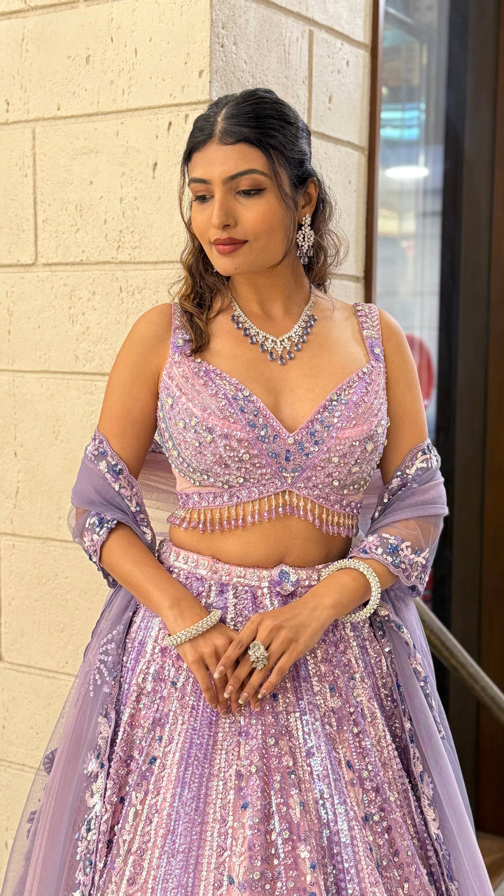 Lavender Lilac Pearl-Embellished Designer Lehenga Set with Net Dupatta
