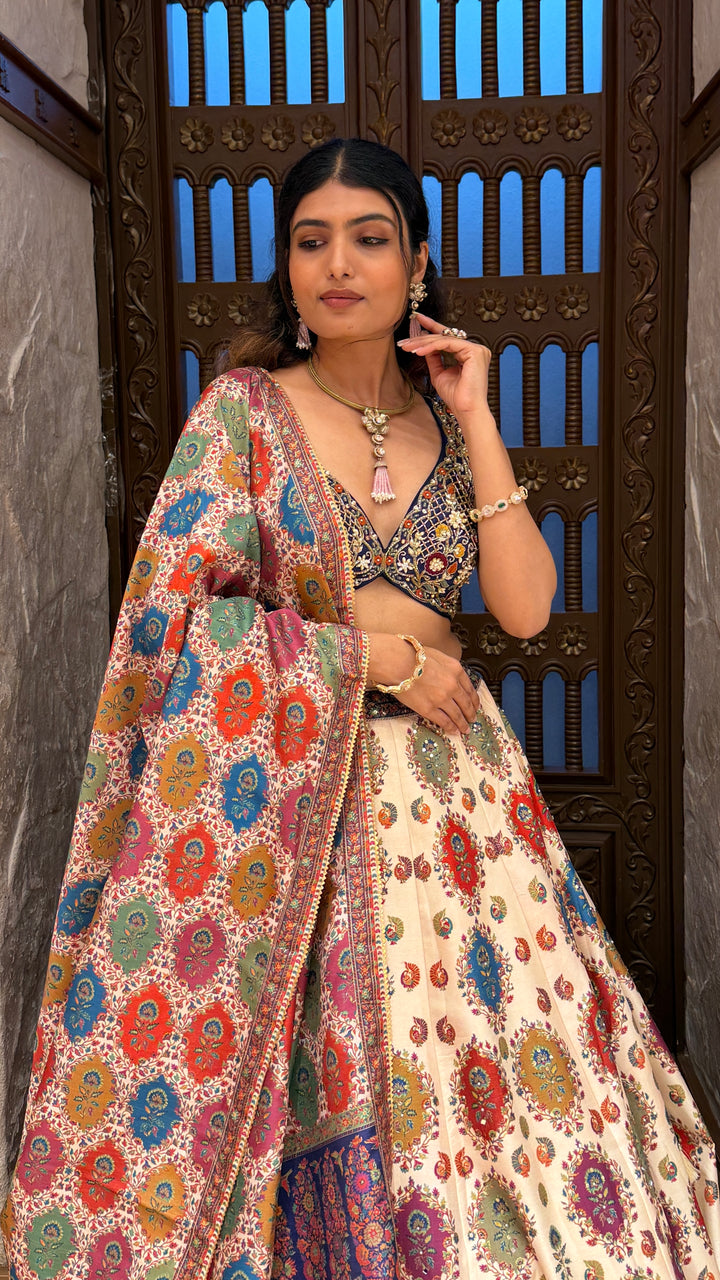 Ivory Multicolor Printed Lehenga Set with Embroidered Blouse & Traditional Dupatta