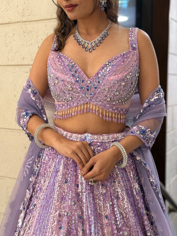Lavender Lilac Pearl-Embellished Designer Lehenga Set with Net Dupatta