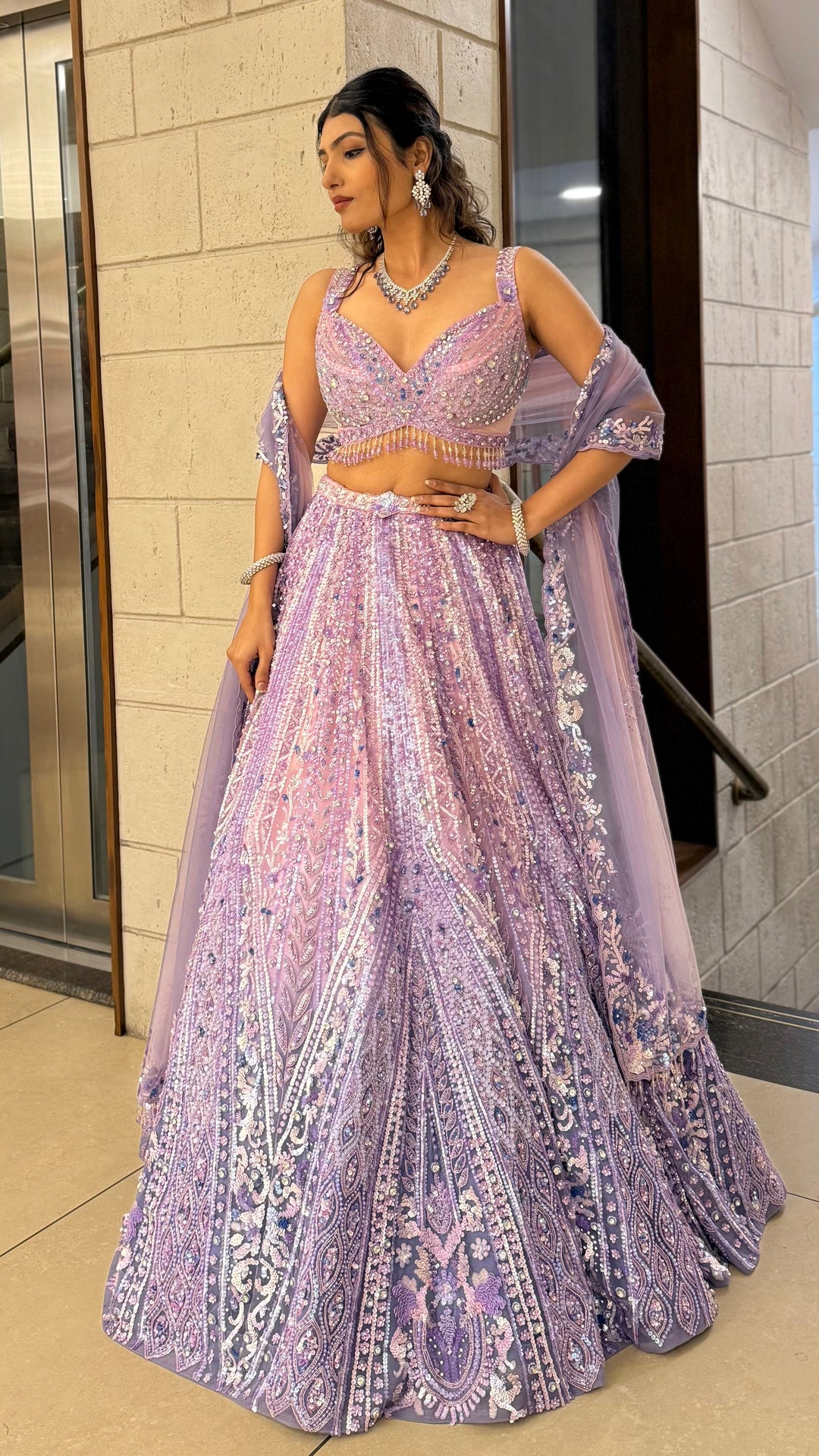 Lavender Lilac Pearl-Embellished Designer Lehenga Set with Net Dupatta