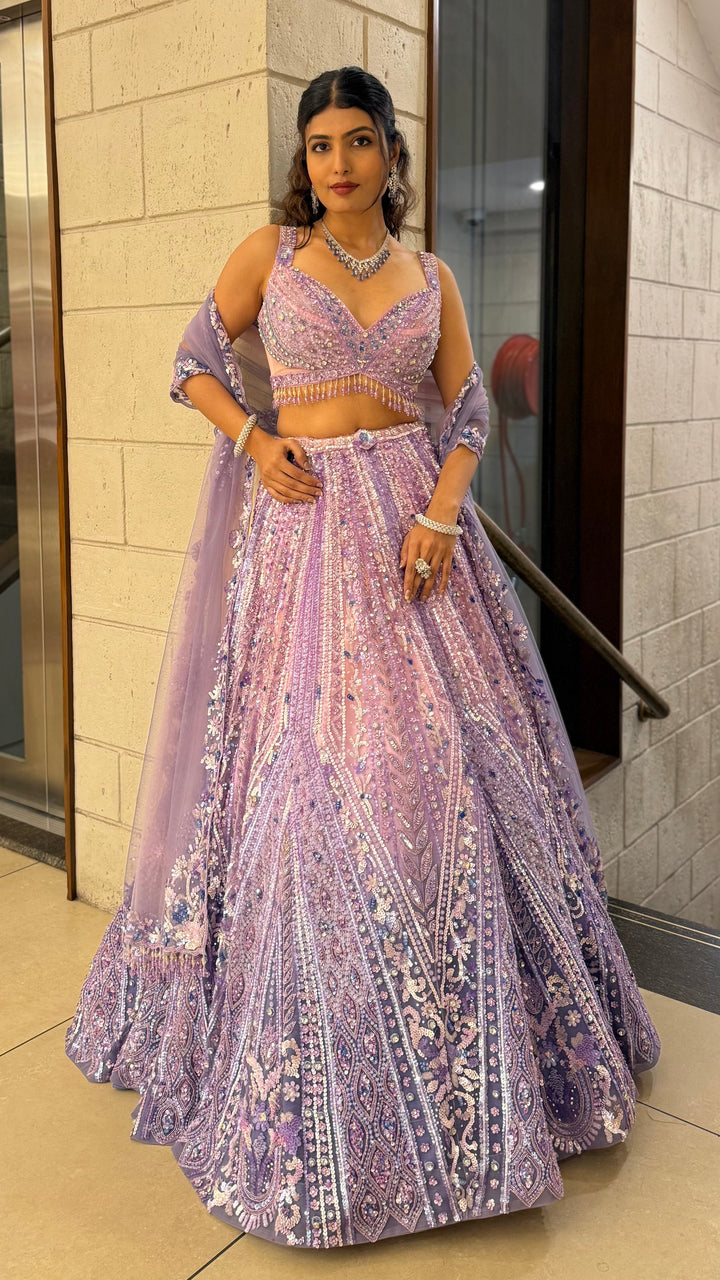 Lavender Lilac Pearl-Embellished Designer Lehenga Set with Net Dupatta