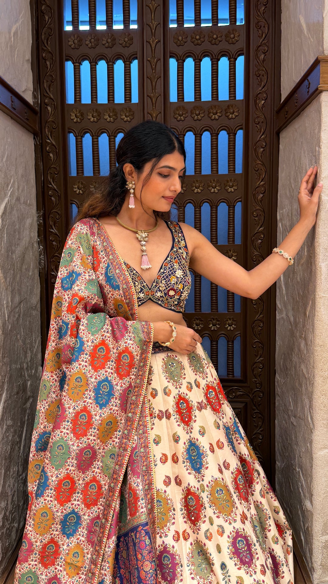 Ivory Multicolor Printed Lehenga Set with Embroidered Blouse & Traditional Dupatta