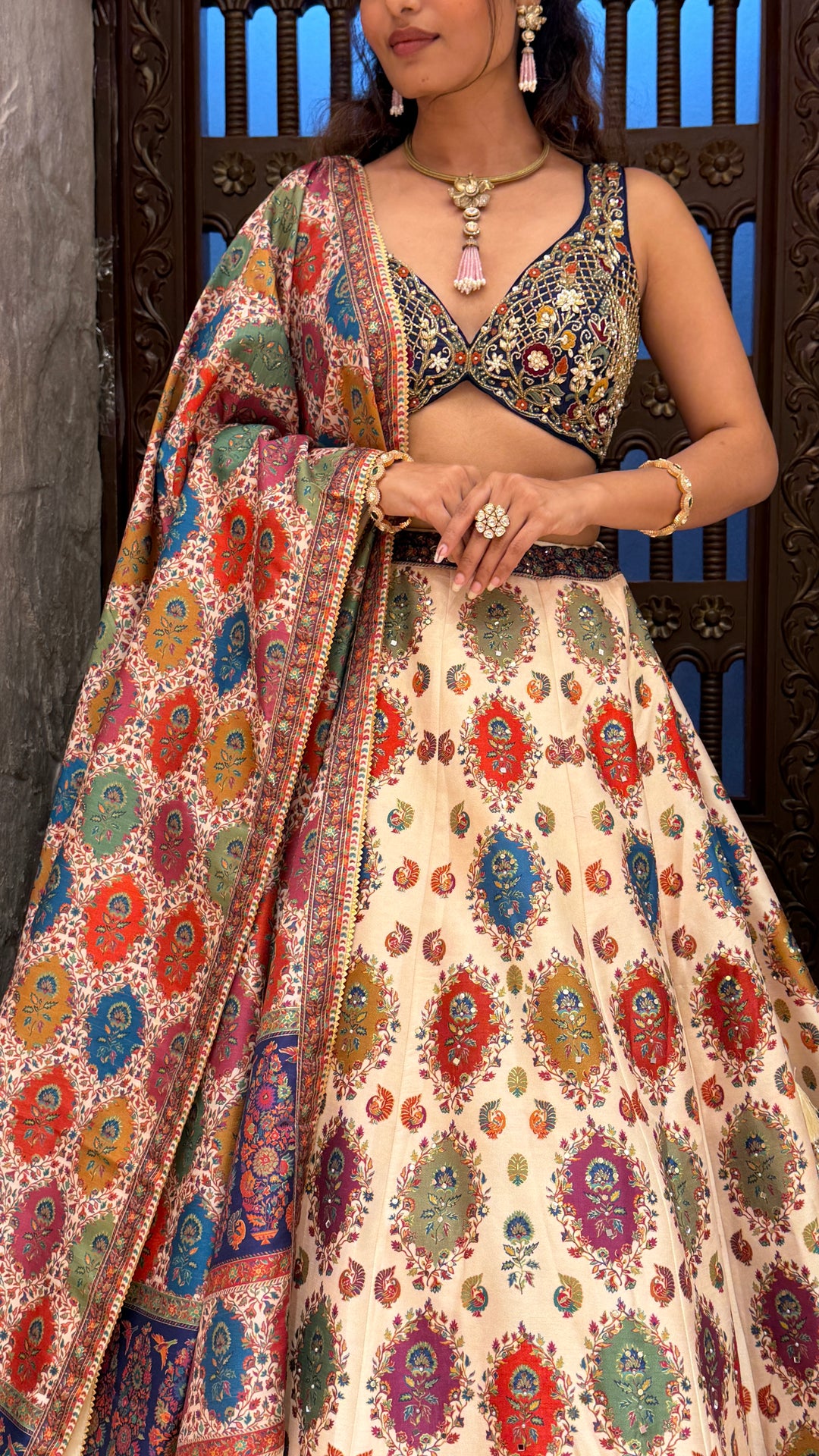 Ivory Multicolor Printed Lehenga Set with Embroidered Blouse & Traditional Dupatta