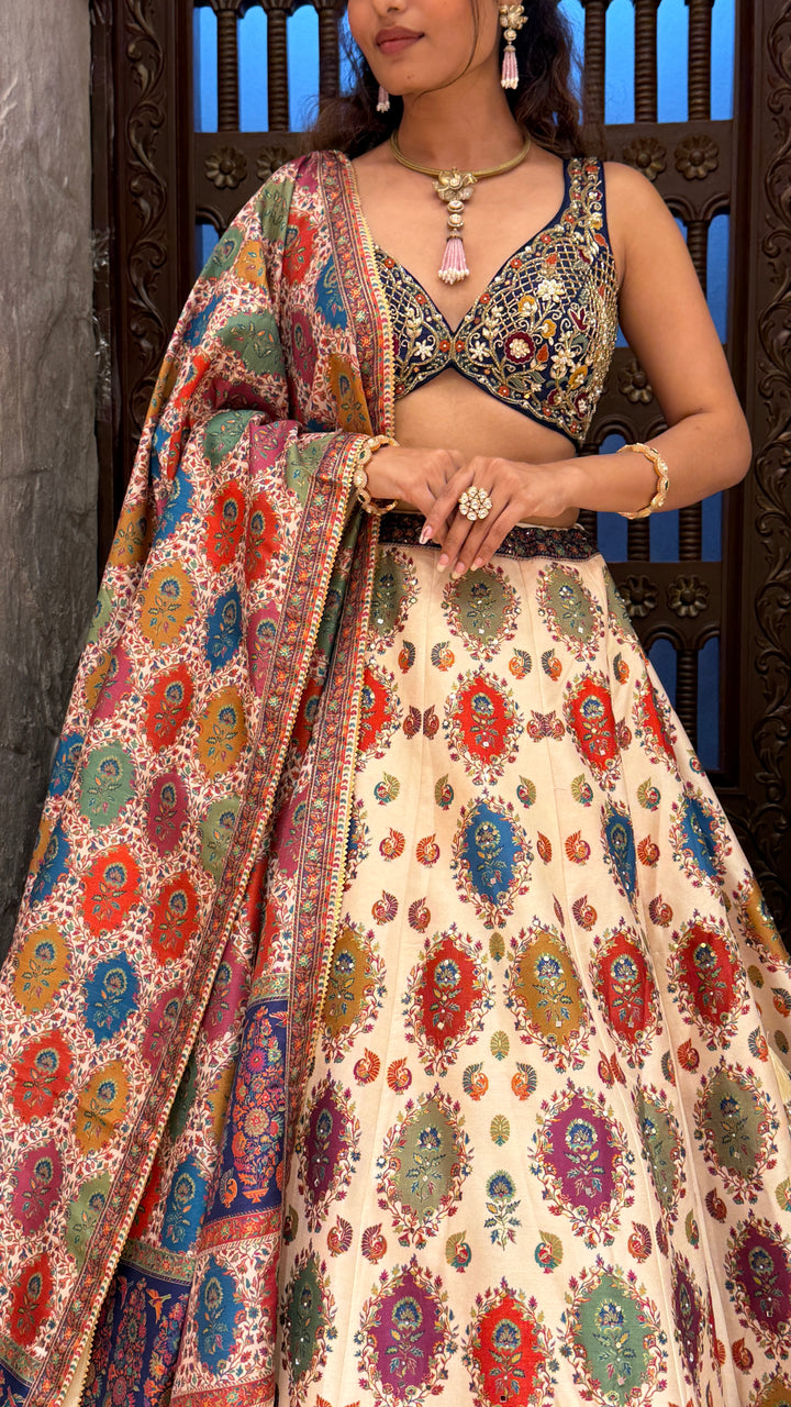 Ivory Multicolor Printed Lehenga Set with Embroidered Blouse & Traditional Dupatta