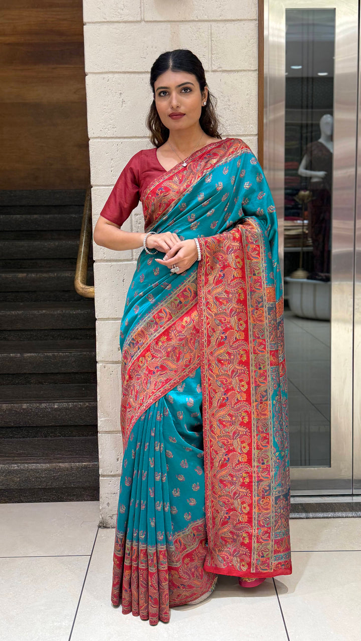 Teal Heritage Silk Saree with Rich Red Paisley Woven Border