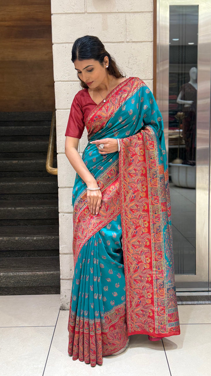 Teal Heritage Silk Saree with Rich Red Paisley Woven Border
