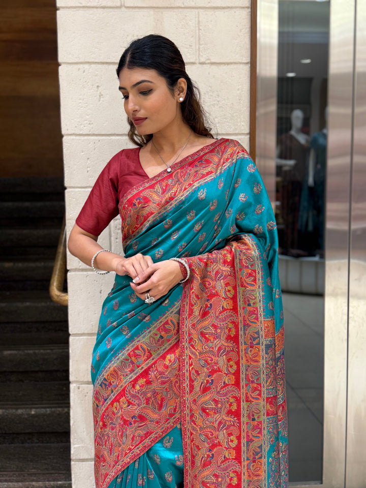 Teal Heritage Silk Saree with Rich Red Paisley Woven Border