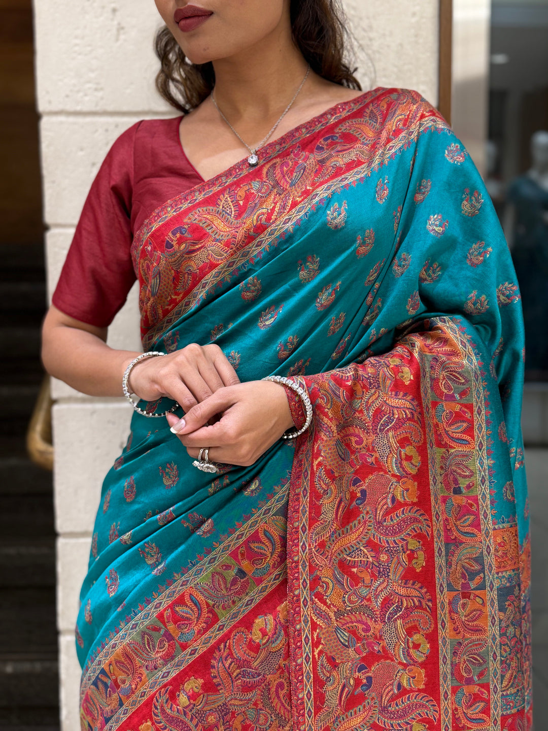 Teal Heritage Silk Saree with Rich Red Paisley Woven Border