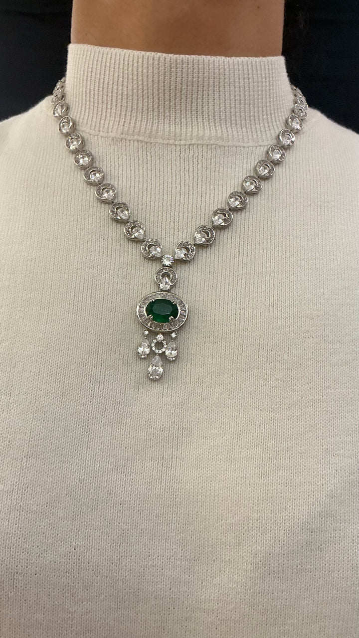 Vintage Emerald Green Pendant Crystal Necklace in Silver Finish