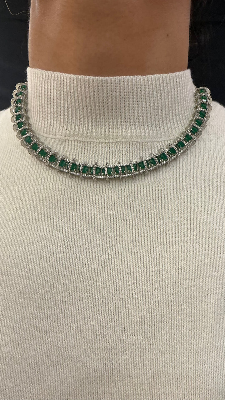 Elegant Emerald Green Rectangular Crystal Tennis Necklace in Silver Finish