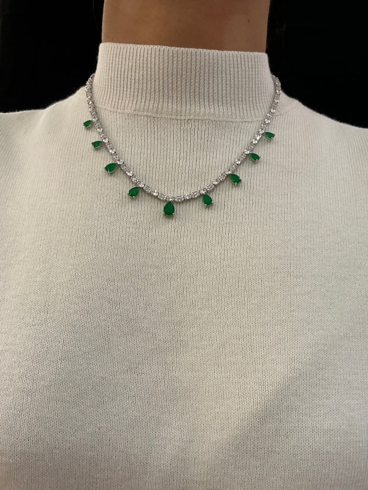 Delicate Emerald Green Teardrop Crystal Necklace in Silver Finish