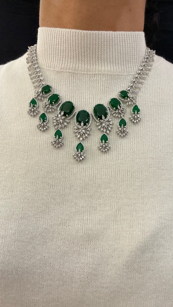 Royal Emerald Green Statement Necklace with Crystal Floral Drops