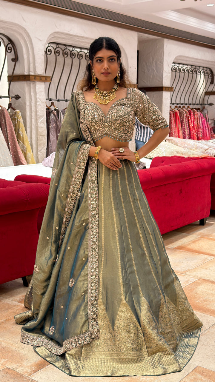 Dusty Olive Green Designer Lehenga Set with Heavy Embellished Blouse & Banarasi Flair