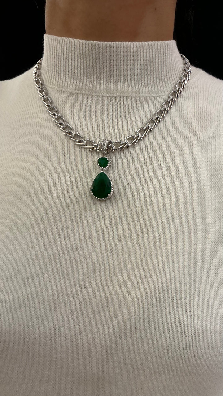 Modern Emerald Green Teardrop Pendant Necklace with Crystal Chain