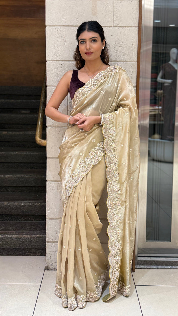 Champagne Gold Embroidered Saree with Scalloped Handwork Border