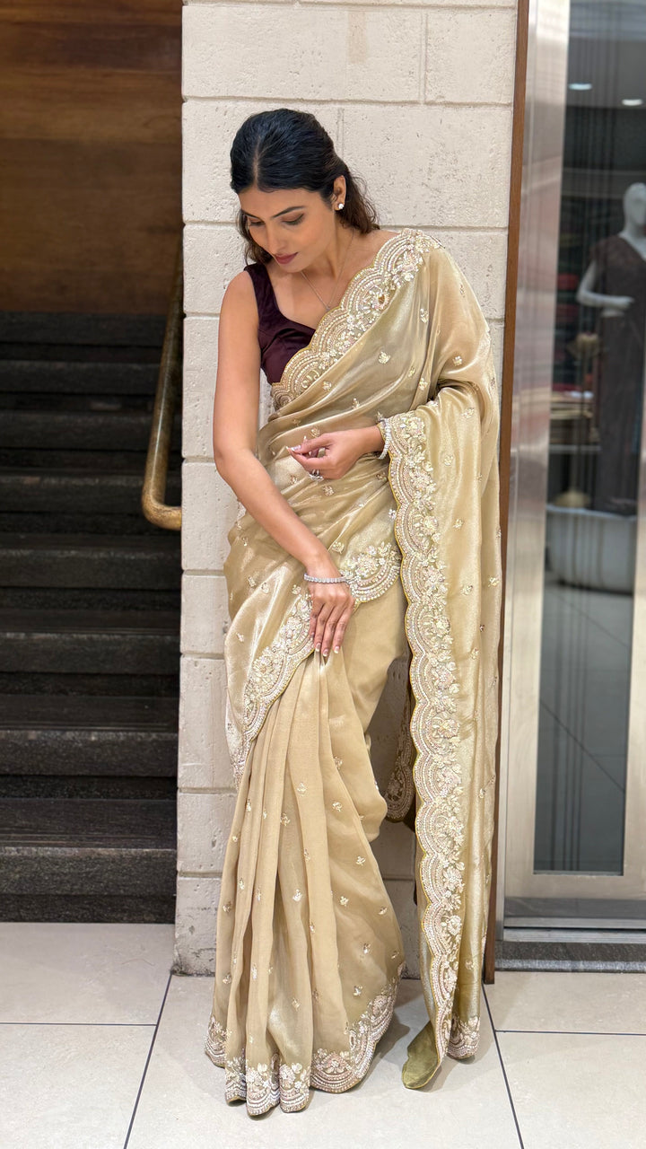 Champagne Gold Embroidered Saree with Scalloped Handwork Border