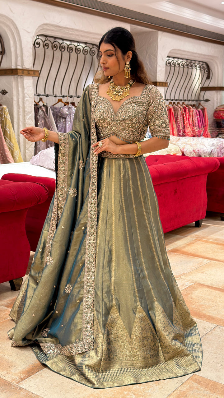 Dusty Olive Green Designer Lehenga Set with Heavy Embellished Blouse & Banarasi Flair