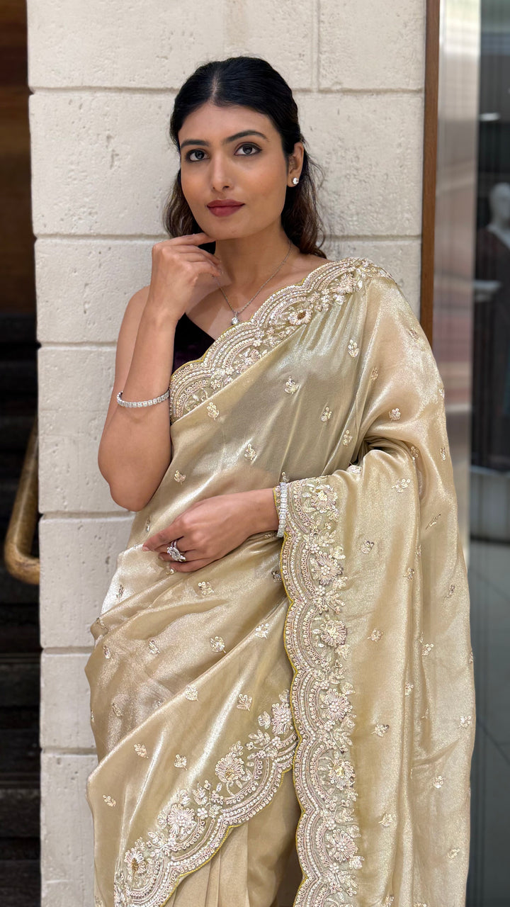 Champagne Gold Embroidered Saree with Scalloped Handwork Border