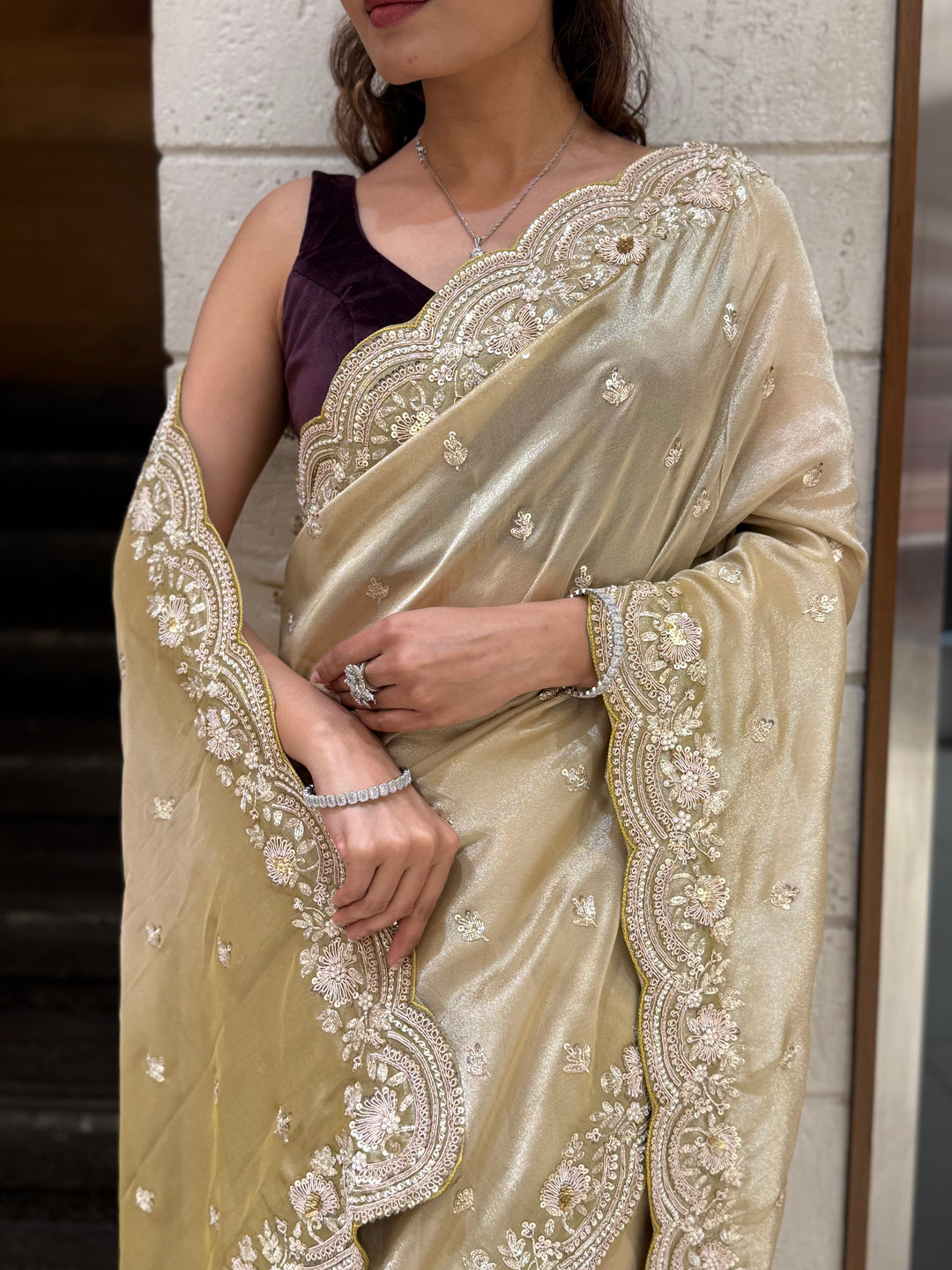 Champagne Gold Embroidered Saree with Scalloped Handwork Border