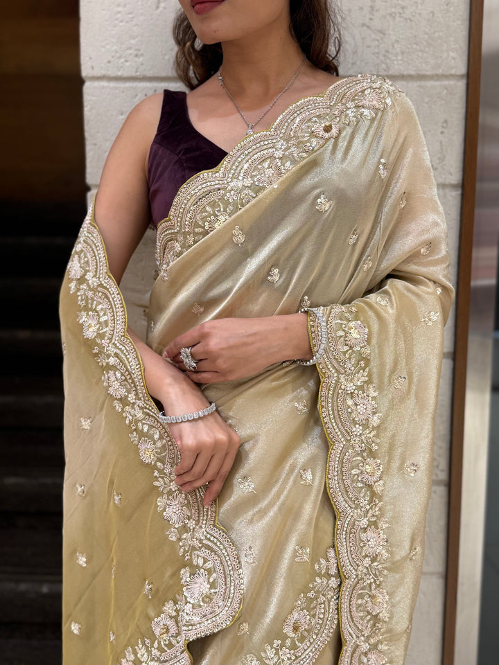 Champagne Gold Embroidered Saree with Scalloped Handwork Border